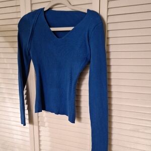Blue V-Neck Ribbed Women's Top